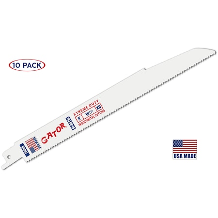 Gator Reciprocating Saw Blade, 9 in x 7/8 in x 10 TPI, Xtreme Duty Demolition All Cutting, 10 PK 12050-10